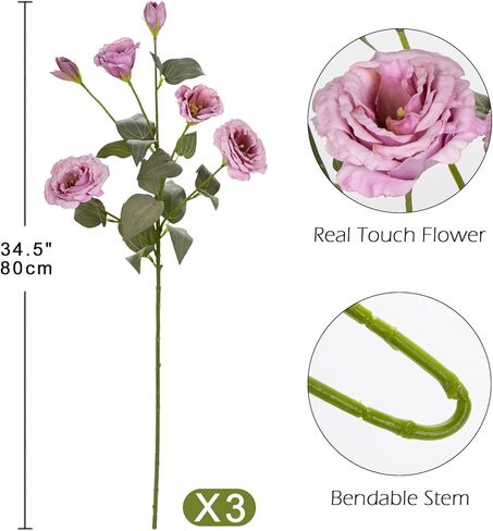 34.5 بوصة زهور اصطناعية أرجوانية حريرية وهمية 3 قطع زهور يوستوما ليسيانثوس مع فرع ترتيب زهور صناعية طويل الجذع مع 4 رؤوس DIY لحفلات الزفاف المركزية باقة ديكور المنزل in Kuwait