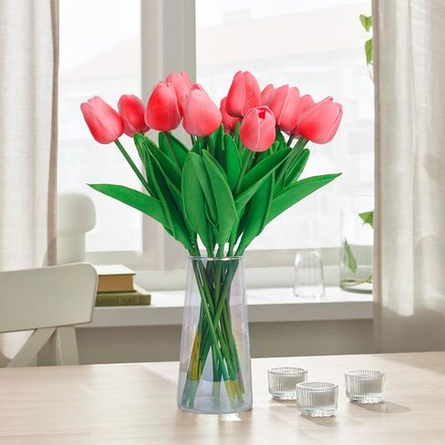 RECUTMS Fake Pink Tulips in Clear Vase 15pcs Real Feel Artificial Tulips Flowers Faux Bouquet Floral Arrangement for Home Office Table Centerpiece Spring Wedding Decoration in Saudi Arabia