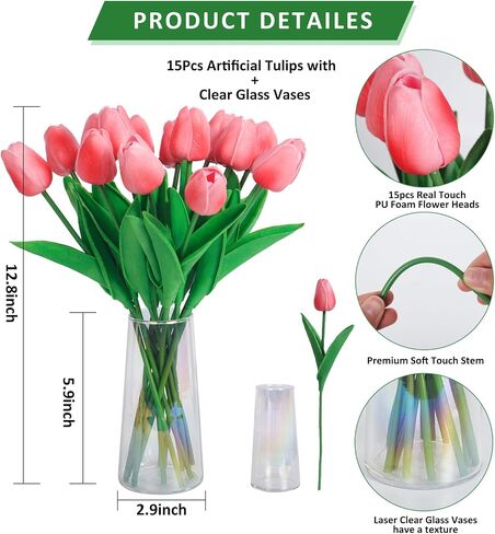 RECUTMS Fake Pink Tulips in Clear Vase 15pcs Real Feel Artificial Tulips Flowers Faux Bouquet Floral Arrangement for Home Office Table Centerpiece Spring Wedding Decoration in Saudi Arabia