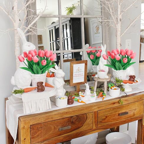 RECUTMS Fake Pink Tulips in Clear Vase 15pcs Real Feel Artificial Tulips Flowers Faux Bouquet Floral Arrangement for Home Office Table Centerpiece Spring Wedding Decoration in Saudi Arabia