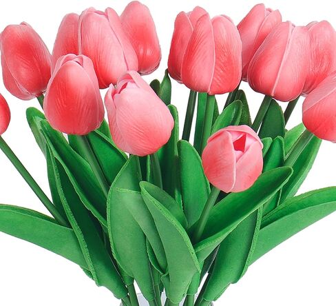 RECUTMS Fake Pink Tulips in Clear Vase 15pcs Real Feel Artificial Tulips Flowers Faux Bouquet Floral Arrangement for Home Office Table Centerpiece Spring Wedding Decoration in Saudi Arabia