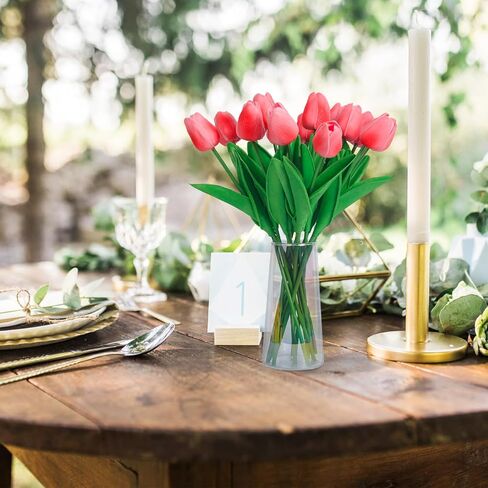 RECUTMS Fake Pink Tulips in Clear Vase 15pcs Real Feel Artificial Tulips Flowers Faux Bouquet Floral Arrangement for Home Office Table Centerpiece Spring Wedding Decoration in Saudi Arabia