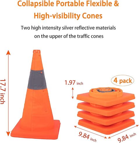 مخاريط السلامة المرورية القابلة للطي - 4 عبوات من مخاريط برتقالية منبثقة محمولة مقاس 18 بوصة مع طوق عاكس للسلامة على الطرق، وممارسة القيادة، ومواقف السيارات، وخفة الحركة للتدريب الرياضي، ولعب الأطفال in Kuwait