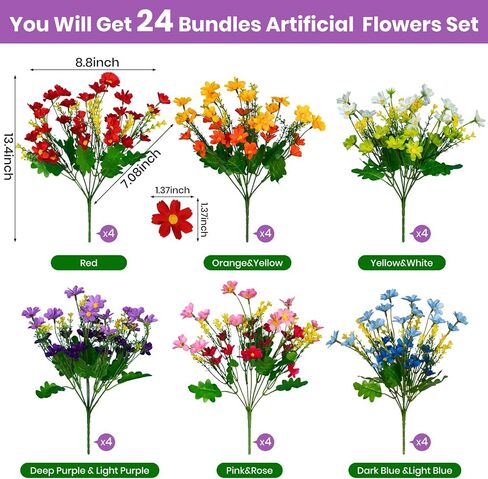 24 Pcs Artificial Flowers for Outdoor,Fake Flowers Decoration,UV Resistant Plastic Flowers,Artificial Plants for Wedding Garden Décor(6 Colors) in Saudi Arabia