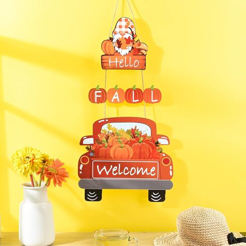 مرحبا سقوط ترحيب علامة الباب اليقطين الخشبي شنقا ديكور مابل ليف منقوشة جنوم مزرعة شاحنة جدار ديكور إكليل للباب الأمامي الخريف الحصاد الشكر خارج ديكورات المنزل 28 × 13 بوصة in Kuwait