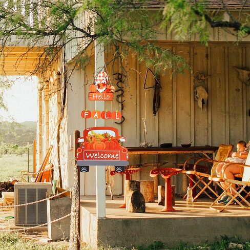 مرحبا سقوط ترحيب علامة الباب اليقطين الخشبي شنقا ديكور مابل ليف منقوشة جنوم مزرعة شاحنة جدار ديكور إكليل للباب الأمامي الخريف الحصاد الشكر خارج ديكورات المنزل 28 × 13 بوصة in Kuwait