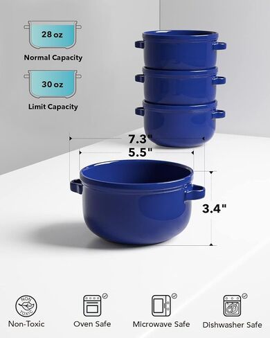 LE TAUCI Soup Bowls With Handles 28 oz, French Onion Soup Bowl for Chili, Beef Stew, Cereal, Ceramic Soup Crocks oven Safe, Microwave Dishwasher Safe - 5.5 inch, Set of 4, White in Saudi Arabia