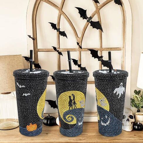 Bling Rhinestone Halloween Cup, 20oz Diamond Stainless Steel Insulated Tumbler with Lid and Straw, Glitter Halloween Coffee Water Bottle Mug in Saudi Arabia