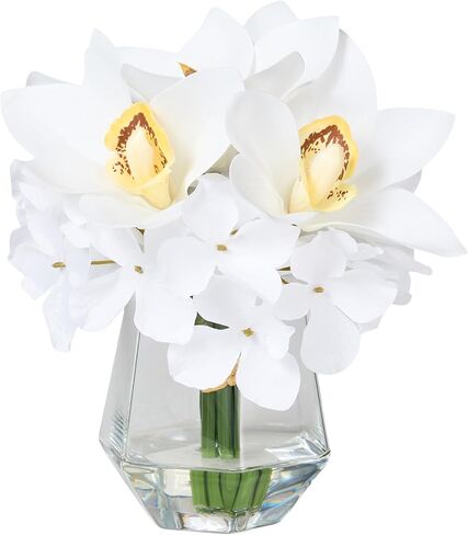 Laelfe Artificial Flowers with Vase - Real Touch Silk Fake Flowers Arrangemets in Glass Small Vase with Faux Water for Wedding Table Centerpiece Home Bathroom Office Decor in Saudi Arabia
