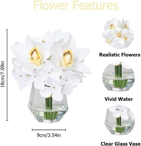 Laelfe Artificial Flowers with Vase - Real Touch Silk Fake Flowers Arrangemets in Glass Small Vase with Faux Water for Wedding Table Centerpiece Home Bathroom Office Decor in Saudi Arabia