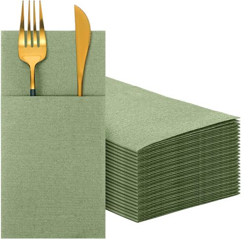 75 Pieces Paper Linen Napkins, Disposable Airlaid Paper Napkins Prefolded Dinner Napkins with Built in Flatware Pocket for Silverware Valentine Wedding Party Christmas Day (Sage Green) in Saudi Arabia