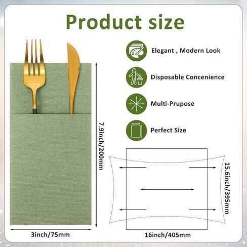 75 Pieces Paper Linen Napkins, Disposable Airlaid Paper Napkins Prefolded Dinner Napkins with Built in Flatware Pocket for Silverware Valentine Wedding Party Christmas Day (Sage Green) in Saudi Arabia