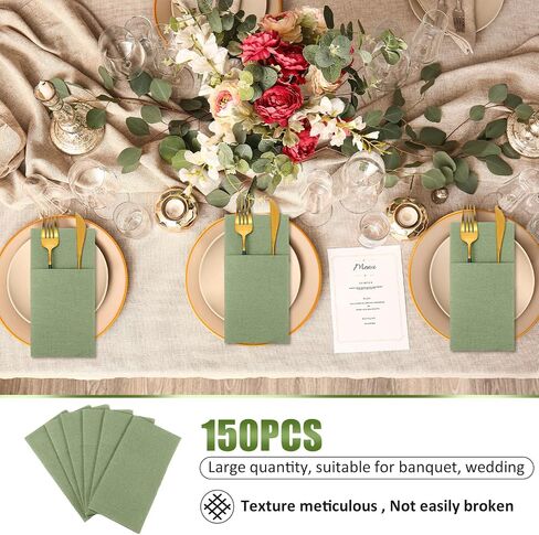 75 Pieces Paper Linen Napkins, Disposable Airlaid Paper Napkins Prefolded Dinner Napkins with Built in Flatware Pocket for Silverware Valentine Wedding Party Christmas Day (Sage Green) in Saudi Arabia