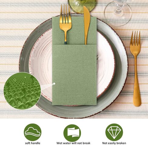 75 Pieces Paper Linen Napkins, Disposable Airlaid Paper Napkins Prefolded Dinner Napkins with Built in Flatware Pocket for Silverware Valentine Wedding Party Christmas Day (Sage Green) in Saudi Arabia