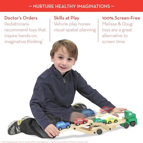 Melissa & Doug Car Carrier Truck and Cars Wooden Toy Set With 1 Truck and 4 Cars - Vehicle Toys, Push And Go Wooden Trucks For Toddlers And Kids Ages 3+ in Saudi Arabia
