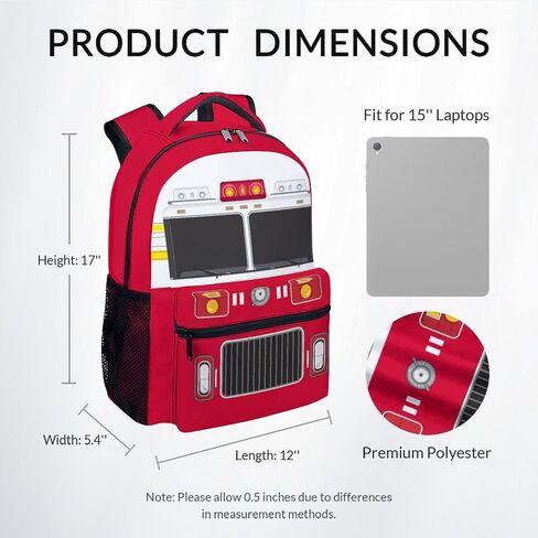 School Backpack for Boys - Fire Truck Bookbag - Lightweight Durable Large Capacity - 17 Inch Red Kid Bag for School, Travel and Camp in Saudi Arabia