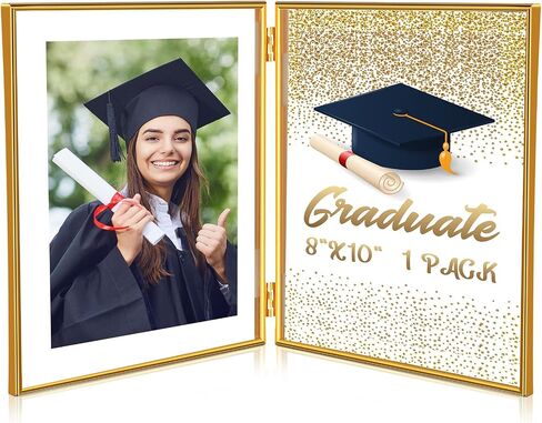 Sintuff 8" x 10'' Brass Double Picture Frame Clear Double Folding Hinged Frame Acrylic Memorial Photos Displayed Stand for Desktop Artwork Plants Specimen Wedding Graduation Gifts (Gold) in Saudi Arabia