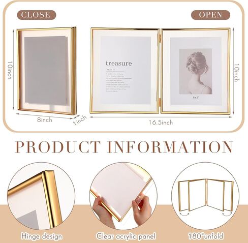 Sintuff 8" x 10'' Brass Double Picture Frame Clear Double Folding Hinged Frame Acrylic Memorial Photos Displayed Stand for Desktop Artwork Plants Specimen Wedding Graduation Gifts (Gold) in Saudi Arabia