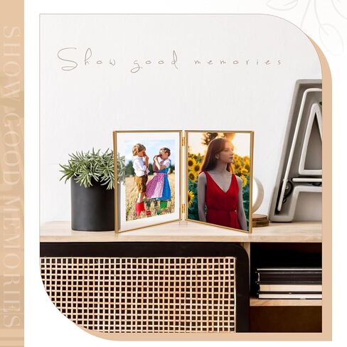Sintuff 8" x 10'' Brass Double Picture Frame Clear Double Folding Hinged Frame Acrylic Memorial Photos Displayed Stand for Desktop Artwork Plants Specimen Wedding Graduation Gifts (Gold) in Saudi Arabia