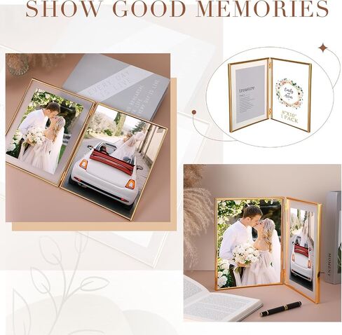Sintuff 8" x 10'' Brass Double Picture Frame Clear Double Folding Hinged Frame Acrylic Memorial Photos Displayed Stand for Desktop Artwork Plants Specimen Wedding Graduation Gifts (Gold) in Saudi Arabia
