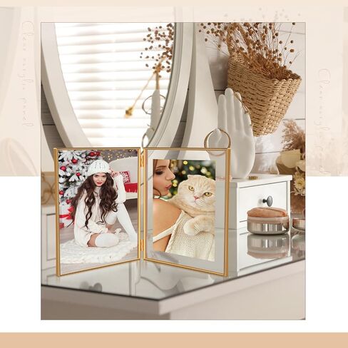 Sintuff 8" x 10'' Brass Double Picture Frame Clear Double Folding Hinged Frame Acrylic Memorial Photos Displayed Stand for Desktop Artwork Plants Specimen Wedding Graduation Gifts (Gold) in Saudi Arabia