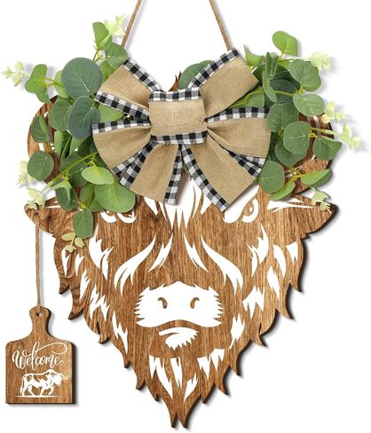 Xuhal البقرة علامات الباب البقرة رئيس الباب اكليلا 11.81 × 11.02 بوصة مزرعة البقرة علامة ريفي ترحيب البقرة ديكور هدايا البقرة الخشبية مع أوراق اصطناعية الجاموس منقوشة القوس الخيش للشرفة المنزلية in Kuwait