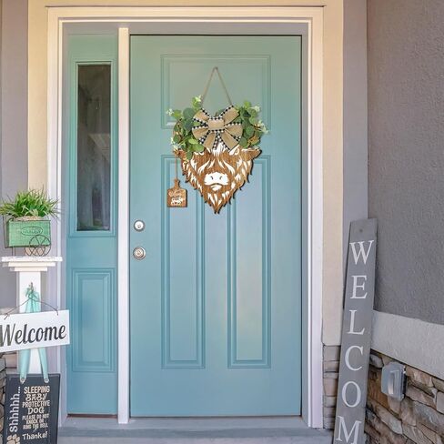 Xuhal البقرة علامات الباب البقرة رئيس الباب اكليلا 11.81 × 11.02 بوصة مزرعة البقرة علامة ريفي ترحيب البقرة ديكور هدايا البقرة الخشبية مع أوراق اصطناعية الجاموس منقوشة القوس الخيش للشرفة المنزلية in Kuwait