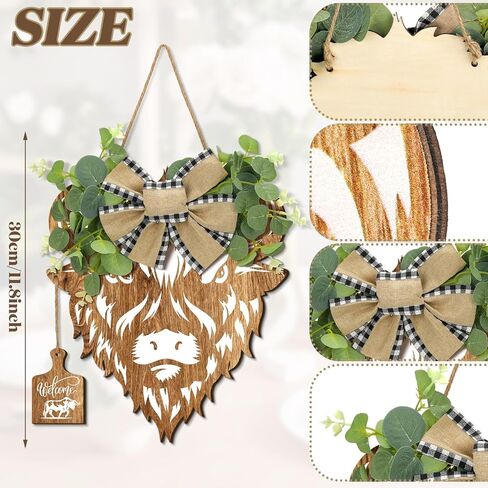 Xuhal البقرة علامات الباب البقرة رئيس الباب اكليلا 11.81 × 11.02 بوصة مزرعة البقرة علامة ريفي ترحيب البقرة ديكور هدايا البقرة الخشبية مع أوراق اصطناعية الجاموس منقوشة القوس الخيش للشرفة المنزلية in Kuwait