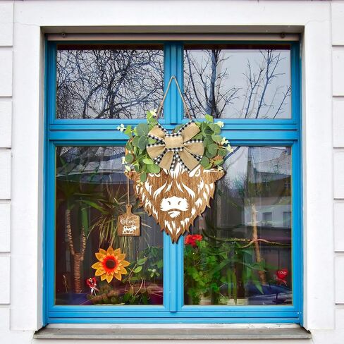 Xuhal البقرة علامات الباب البقرة رئيس الباب اكليلا 11.81 × 11.02 بوصة مزرعة البقرة علامة ريفي ترحيب البقرة ديكور هدايا البقرة الخشبية مع أوراق اصطناعية الجاموس منقوشة القوس الخيش للشرفة المنزلية in Kuwait