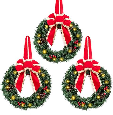 JOIEDOMI 3 عبوات 19 بوصة من أكاليل عيد الميلاد الصناعية المضاءة مسبقًا مع مخاريط الصنوبر والتوت والفروع المتجمدة و20 مصباحًا دافئًا لجدار الباب الأمامي للمنزل وزينة عيد الميلاد in Kuwait
