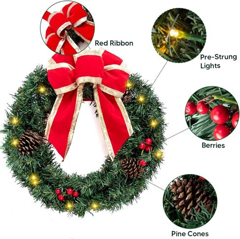JOIEDOMI 3 عبوات 19 بوصة من أكاليل عيد الميلاد الصناعية المضاءة مسبقًا مع مخاريط الصنوبر والتوت والفروع المتجمدة و20 مصباحًا دافئًا لجدار الباب الأمامي للمنزل وزينة عيد الميلاد in Kuwait