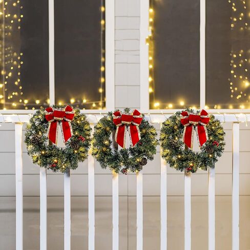 JOIEDOMI 3 عبوات 19 بوصة من أكاليل عيد الميلاد الصناعية المضاءة مسبقًا مع مخاريط الصنوبر والتوت والفروع المتجمدة و20 مصباحًا دافئًا لجدار الباب الأمامي للمنزل وزينة عيد الميلاد in Kuwait