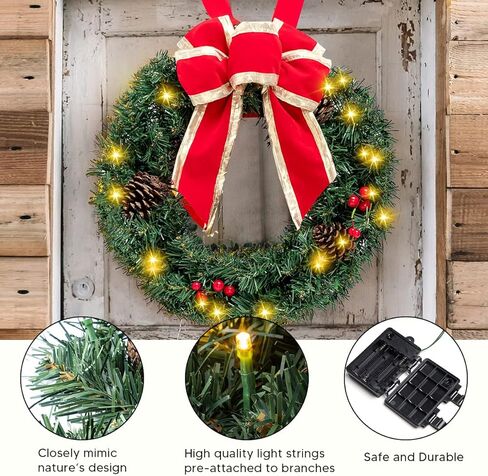 JOIEDOMI 3 عبوات 19 بوصة من أكاليل عيد الميلاد الصناعية المضاءة مسبقًا مع مخاريط الصنوبر والتوت والفروع المتجمدة و20 مصباحًا دافئًا لجدار الباب الأمامي للمنزل وزينة عيد الميلاد in Kuwait