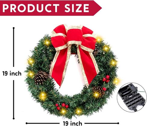 JOIEDOMI 3 عبوات 19 بوصة من أكاليل عيد الميلاد الصناعية المضاءة مسبقًا مع مخاريط الصنوبر والتوت والفروع المتجمدة و20 مصباحًا دافئًا لجدار الباب الأمامي للمنزل وزينة عيد الميلاد in Kuwait