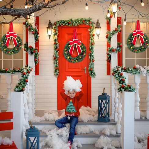 JOIEDOMI 3 عبوات 19 بوصة من أكاليل عيد الميلاد الصناعية المضاءة مسبقًا مع مخاريط الصنوبر والتوت والفروع المتجمدة و20 مصباحًا دافئًا لجدار الباب الأمامي للمنزل وزينة عيد الميلاد in Kuwait