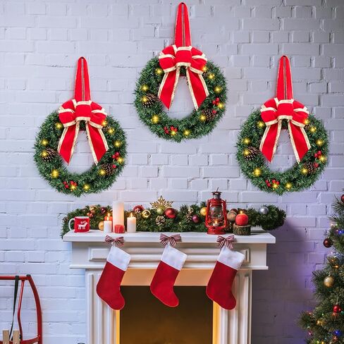 JOIEDOMI 3 عبوات 19 بوصة من أكاليل عيد الميلاد الصناعية المضاءة مسبقًا مع مخاريط الصنوبر والتوت والفروع المتجمدة و20 مصباحًا دافئًا لجدار الباب الأمامي للمنزل وزينة عيد الميلاد in Kuwait