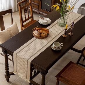 Macrame Burlap Boho Table Runner 12x72 inches, Mexican Modern Farmhouse Woven Grass Table Runner for Living Room Coffee Table Dresser Top Western Home Decor, Beige