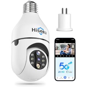 كاميرا Hiseeu اللاسلكية، كاميرا لمبة WiFi 2.4 جيجا هرتز، صوت ثنائي الاتجاه، كشف الحركة والتنبيه، رؤية ليلية ملونة كاملة 3 ميجابكسل، تخزين SD/سحابي، تعمل مع Alexa، مقبس E26/E27