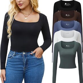 5 Piece Women's Crop Tops Long Sleeve Square Neck Stretch Fitted Workout Exercise Crop Tops