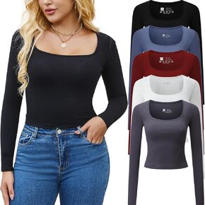 5 Piece Women's Crop Tops Long Sleeve Square Neck Stretch Fitted Workout Exercise Crop Tops