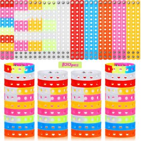 100 Pcs Silicone Adjustable Rubber Wristbands Bulk Cute Colored Wristbands with Holes Swimming Identify Shoe Charms for Party Gift Birthday Decor, 10 Color