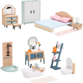 Giant bean Wooden and Plastic Dollhouse Furniture Set, Kitchen and Living Room Set, 35 PCS Dollhouse Accessories Pretend Play Furniture Toys for Boys Girls & Toddlers