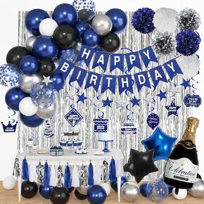 Blue Birthday Decorations for Men Boys, Blue Silver Party Decorations Foil Balloons Fringe Curtains Happy Birthday Banner Hanging Cutouts Tassels Supplies 13th 16th 18th 21st 30th 40th 50th 60th Him