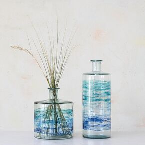 Creative Co-Op Tall Hand-Painted Reclaimed Glass Vase, Blue Ombre