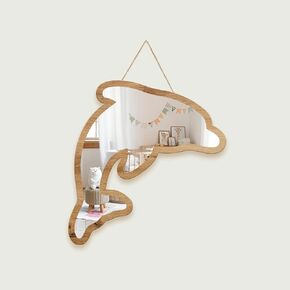Cute Dolphin Patterned Silver Natural Wood Framed Acrylic to Hanging Wall Mirror Decorative Stickers Baby Kids Teen Room Nursery Bathroom Bedroom Livingroom Decoration