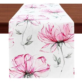 13 X 72 Inch Pink Flowers Table Runner, Seasonal Burlap Spring Floral Kitchen Dining Table Decoration Linen for Indoor Home Party Holiday Festival