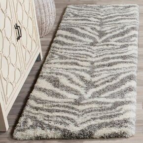 SAFAVIEH Portofino Shag Collection Runner Rug - 2'3" x 9', Ivory & Grey, Zebra Abstract Design, Non-Shedding & Easy Care, 2-inch Thick Ideal for High Traffic Areas in Living Room, Bedroom (PTS215A)