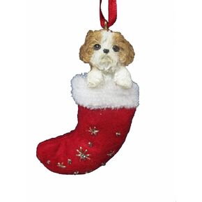 Shih Tzu fabric Christmas Stocking Ornament with "Santa's Little Pals" Hand Painted and Stitched Detail