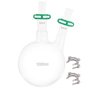 1000ml 2 Neck Round Bottom Boiling Flask Heavy Wall w/Glass Hollow Stopper and 24mm Plastic Joint Clip 1L Borosilicate Glass Lab Receiving Flask, with 24/40 Center and Side Standard Taper Outer Joint