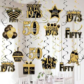 40 Pieces 30th Birthday Decorations - Black and Gold Vintage 1993 Foil Swirls Party Supplies for Men and Women - Fifty Year Old Birthday Ceiling Hanging Decorations